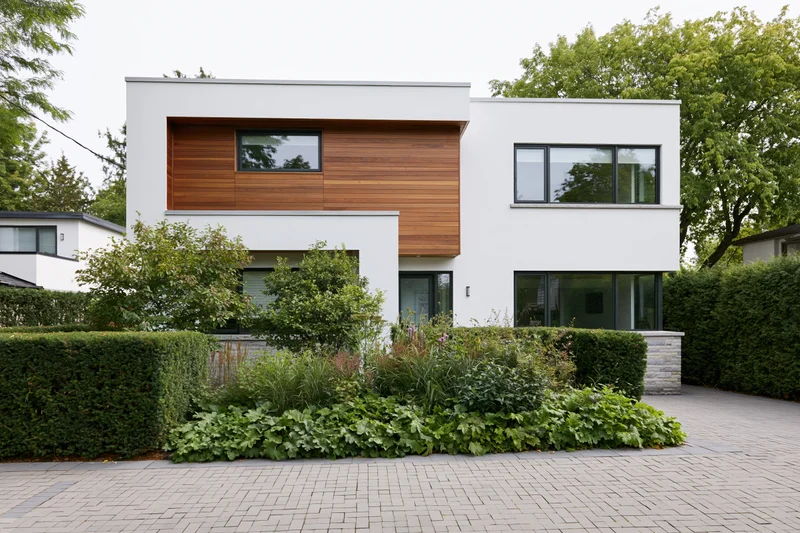 Modern two-story house with white render exterior and wood cladding, surrounded by green garden and paved driveway