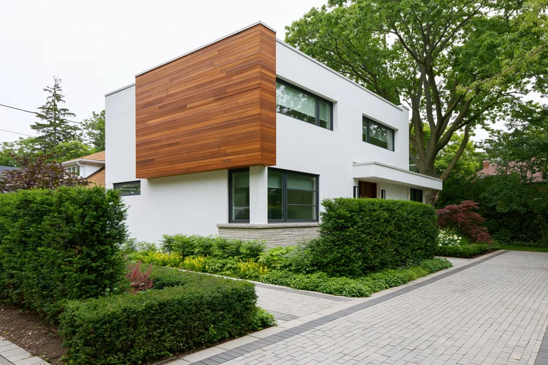Modern two-story house with white and wood exterior surrounded by green landscaping and brick pathway