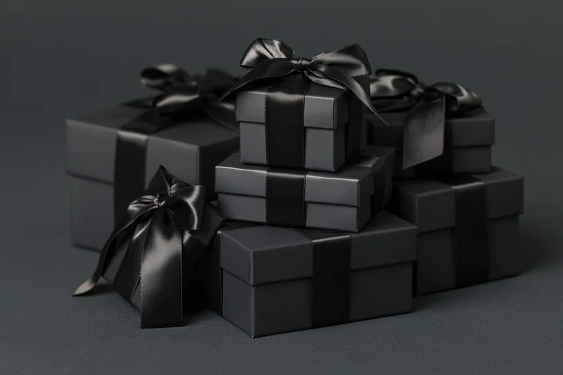 Stacked black gift boxes with satin ribbons arranged on a dark surface