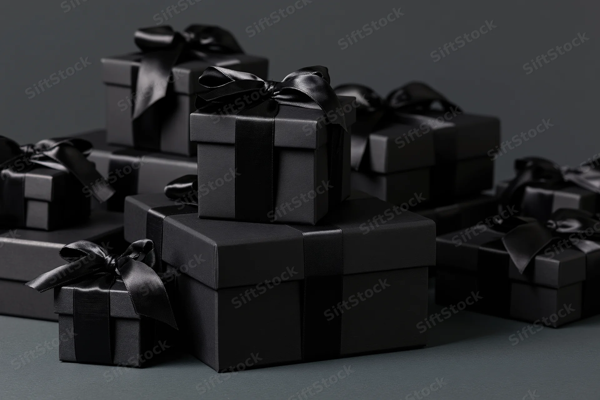 Black gift boxes stacked in varying sizes on a dark surface