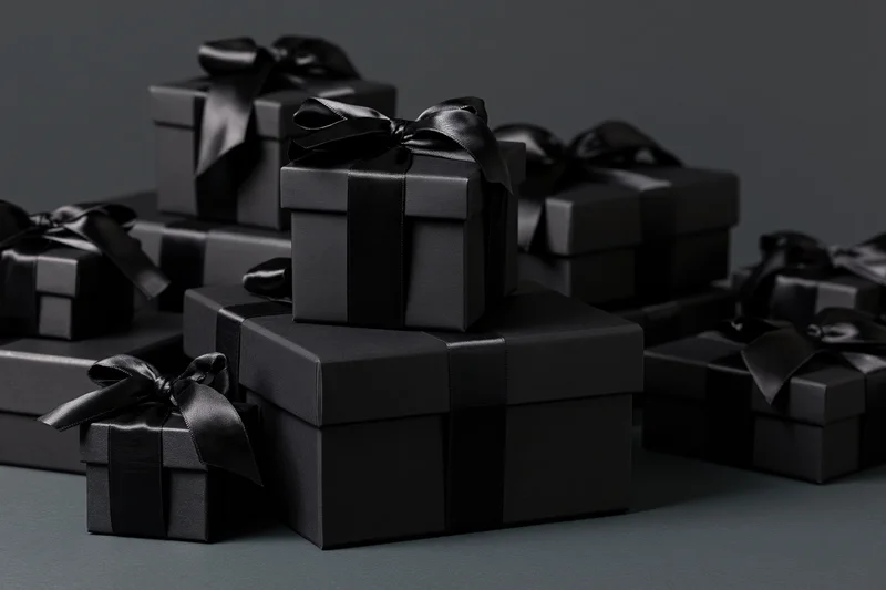 Black gift boxes stacked in varying sizes on a dark surface
