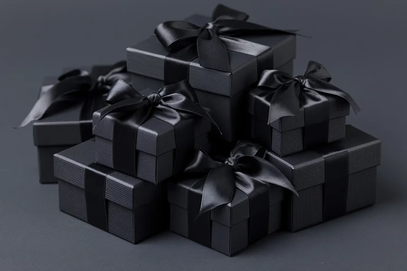Stacked black gift boxes with satin ribbons arranged on a dark surface