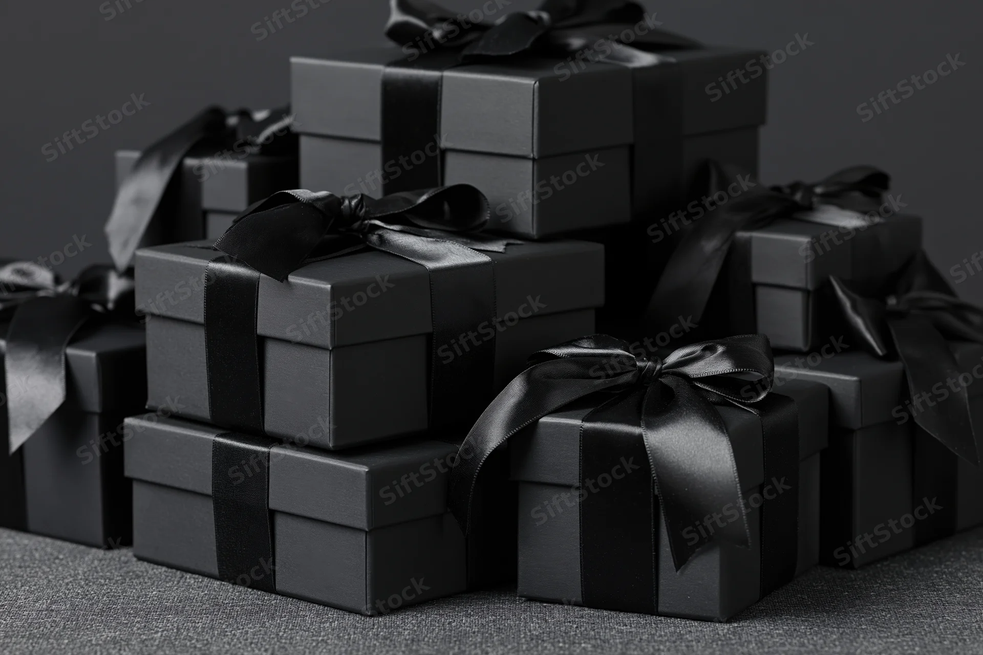 Stacked black gift boxes with satin ribbons arranged on a textured gray surface
