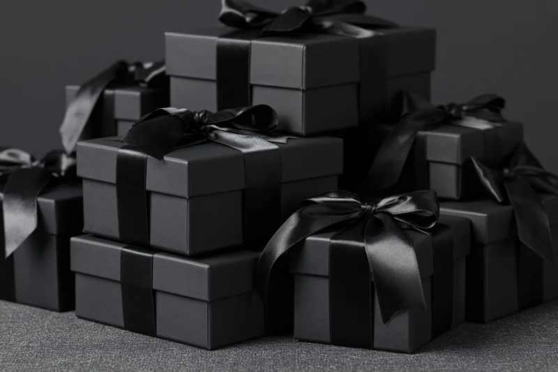 Stacked black gift boxes with satin ribbons arranged on a textured gray surface