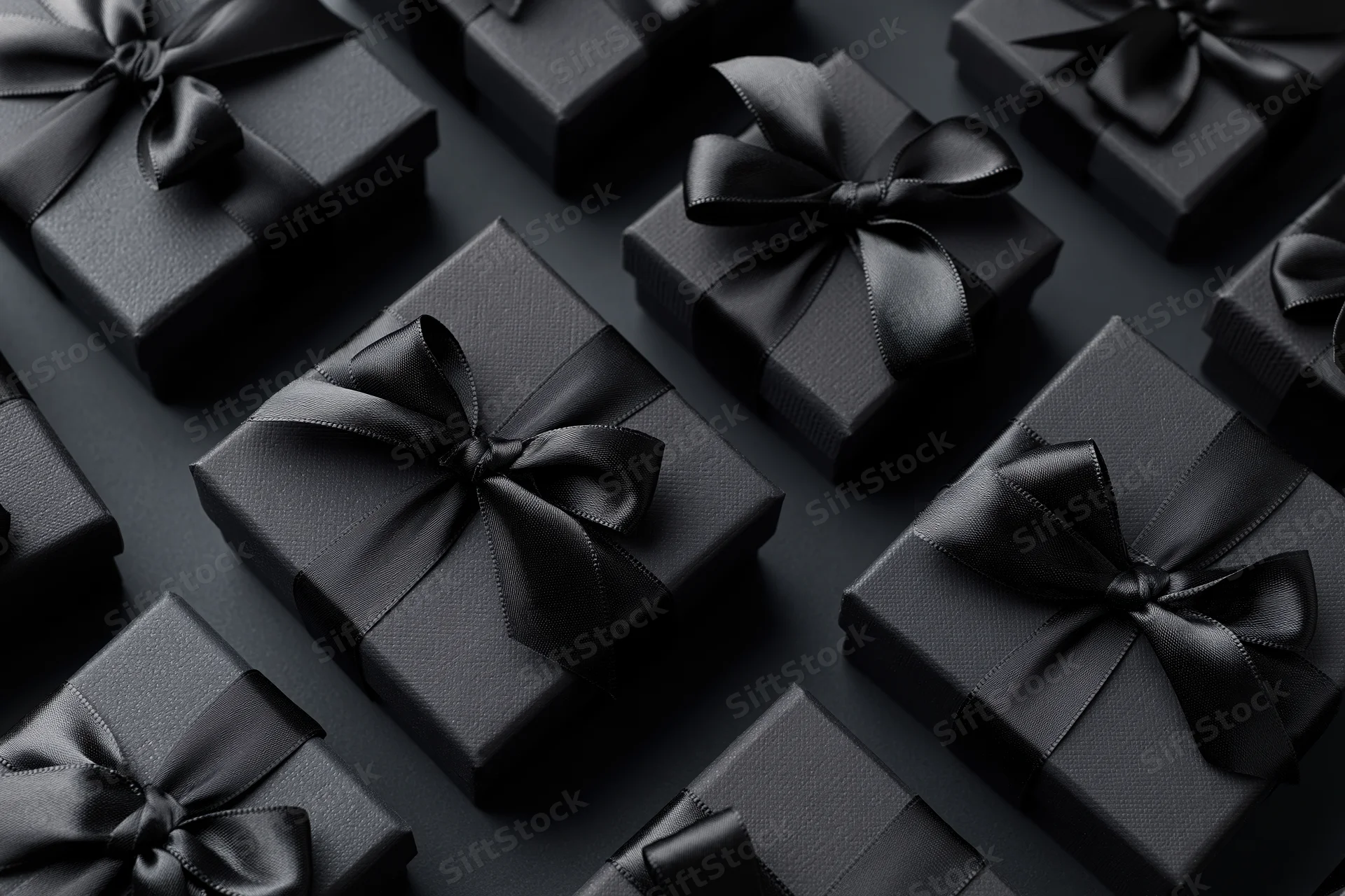 Multiple black gift boxes with satin bows arranged in a flat lay on dark surface