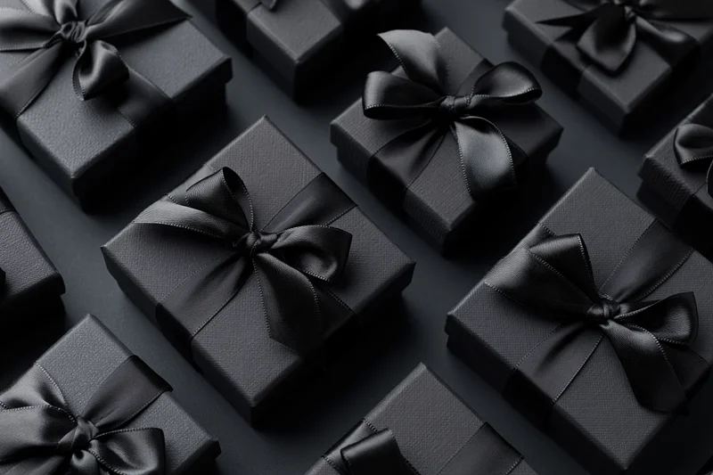 Multiple black gift boxes with satin bows arranged in a flat lay on dark surface