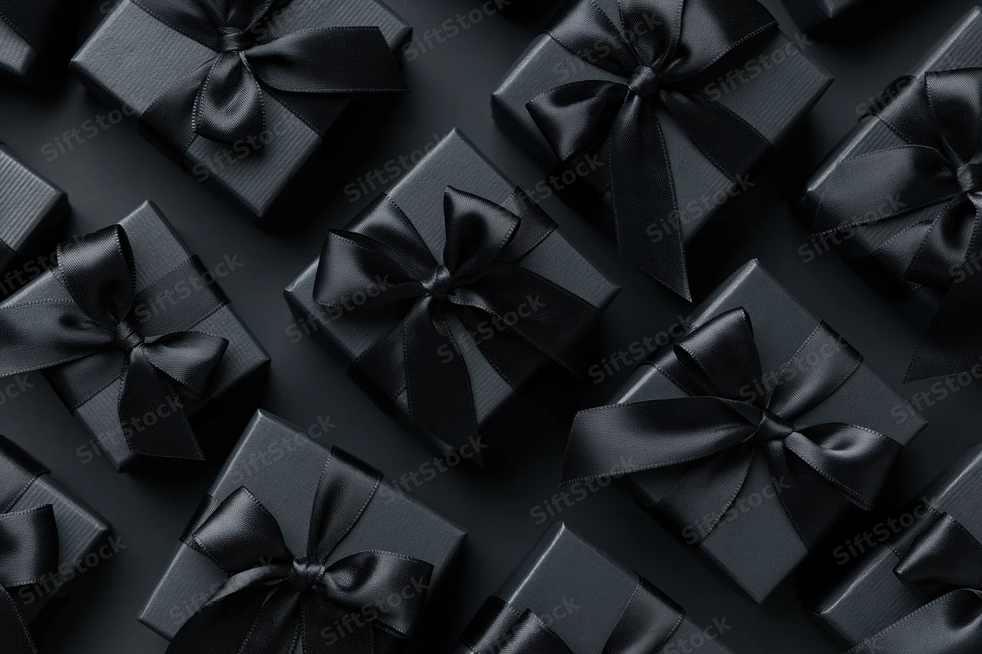 Black gift boxes wrapped in matte paper with satin ribbons arranged on dark surface