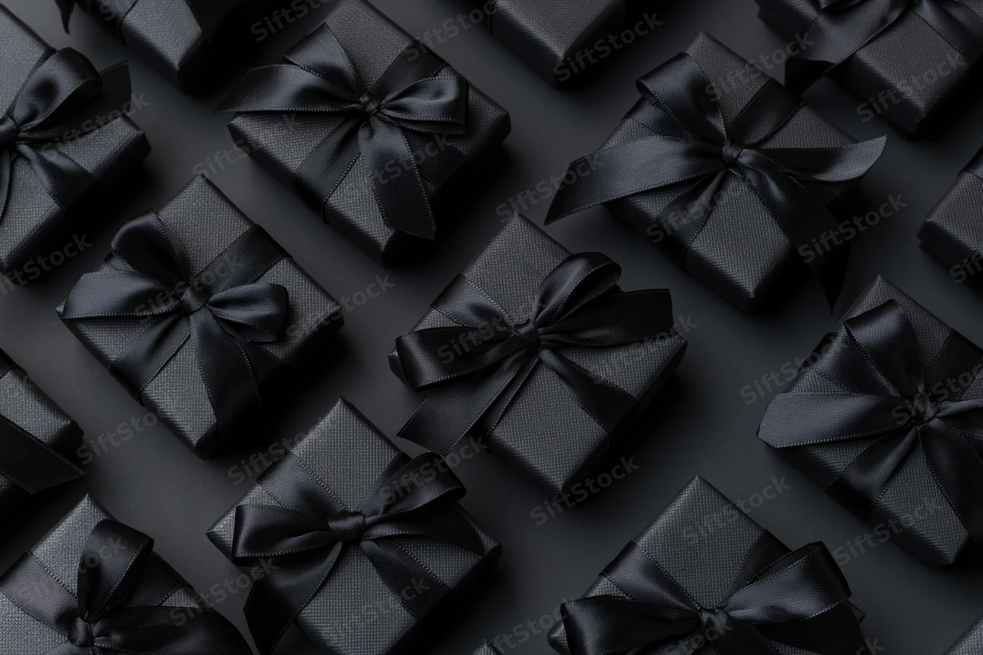 Multiple black gift boxes wrapped in matte paper with satin ribbons arranged in a flat lay pattern