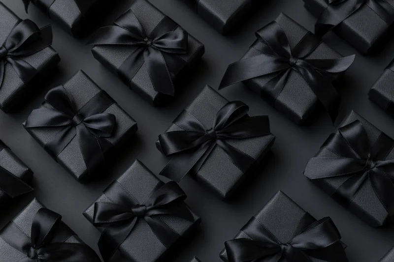 Multiple black gift boxes wrapped in matte paper with satin ribbons arranged in a flat lay pattern
