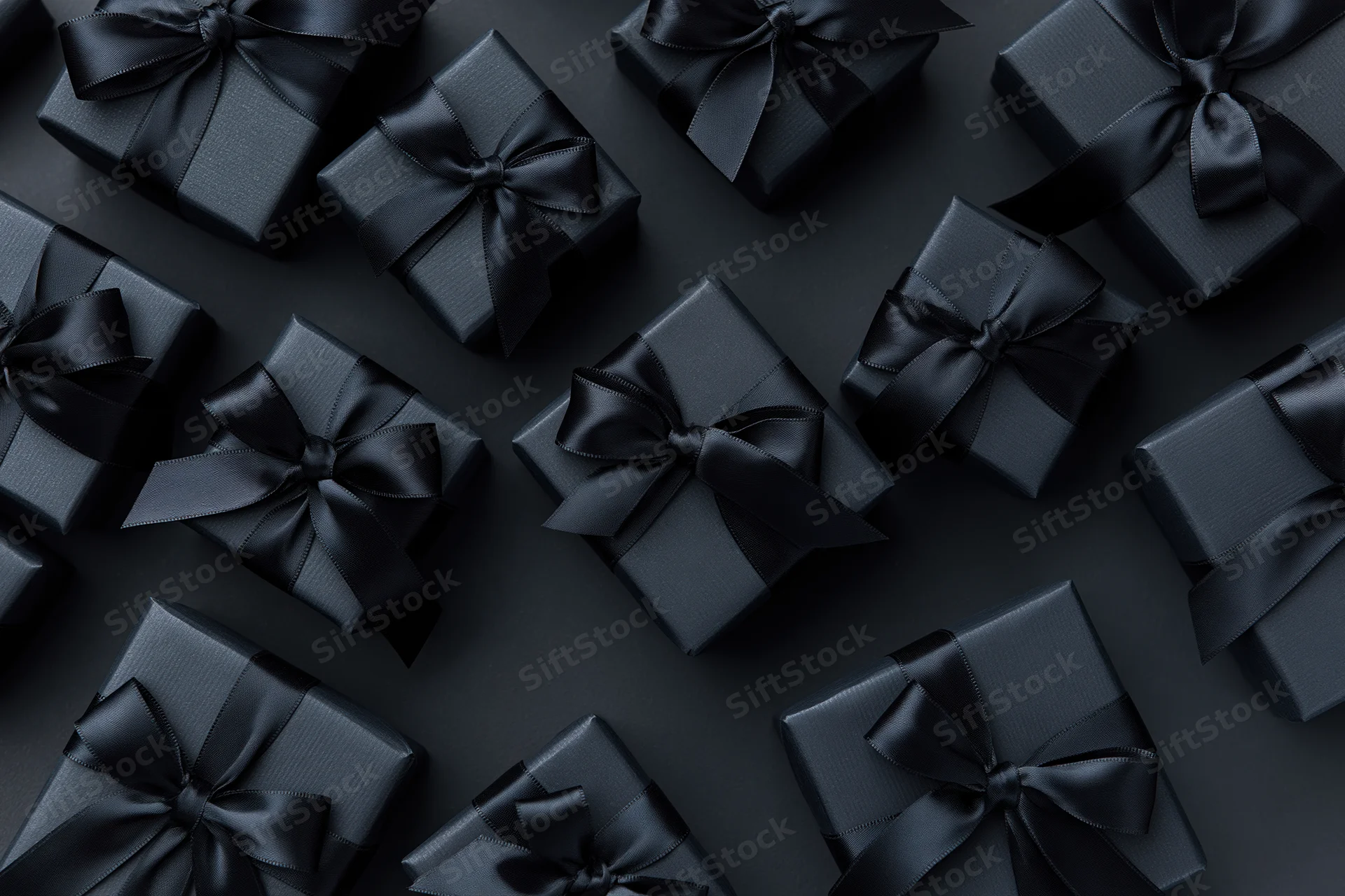 Multiple black gift boxes wrapped in matte black paper with satin ribbons arranged on dark surface