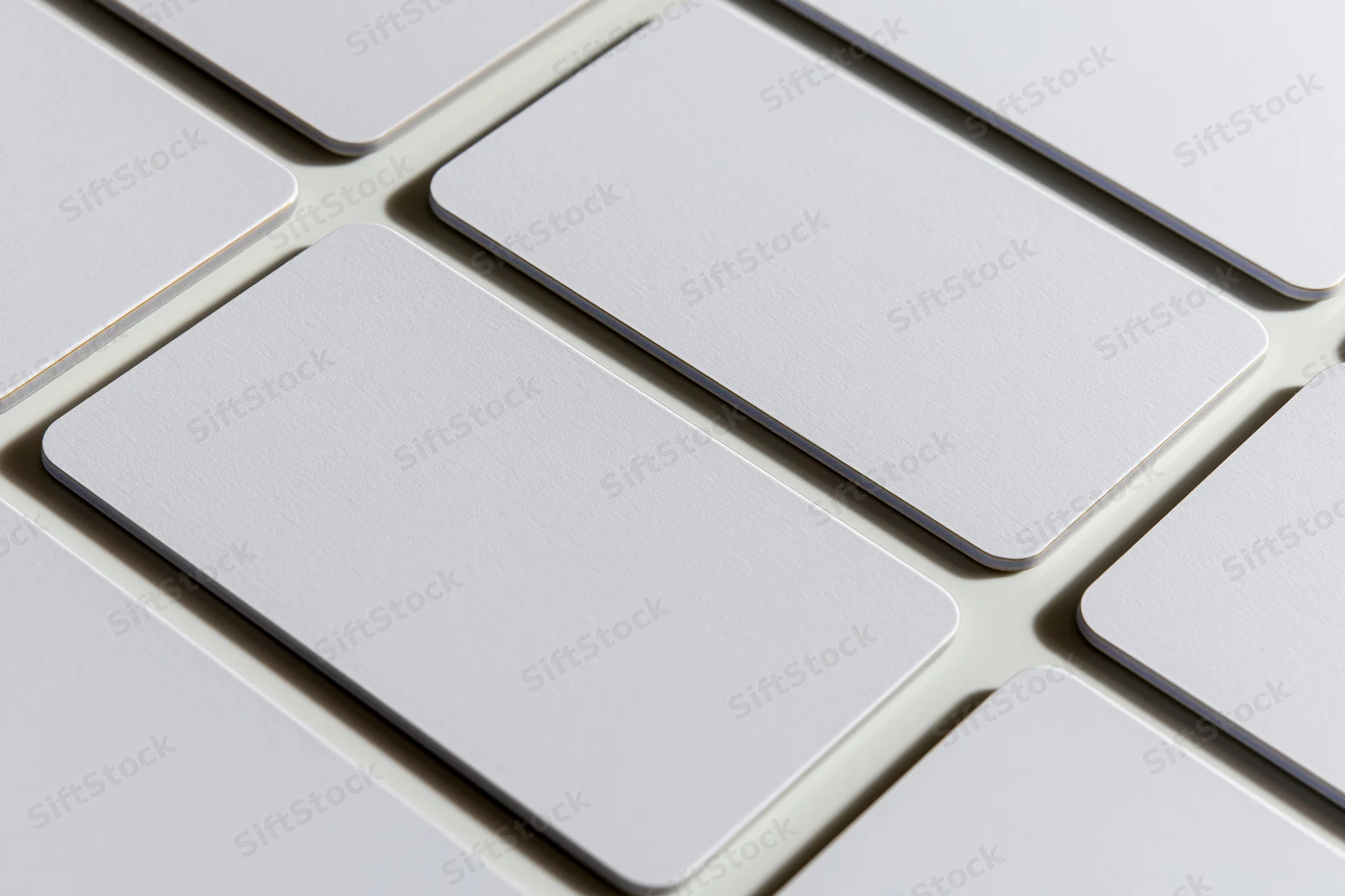 Blank white business cards with rounded corners arranged in a grid on a light surface