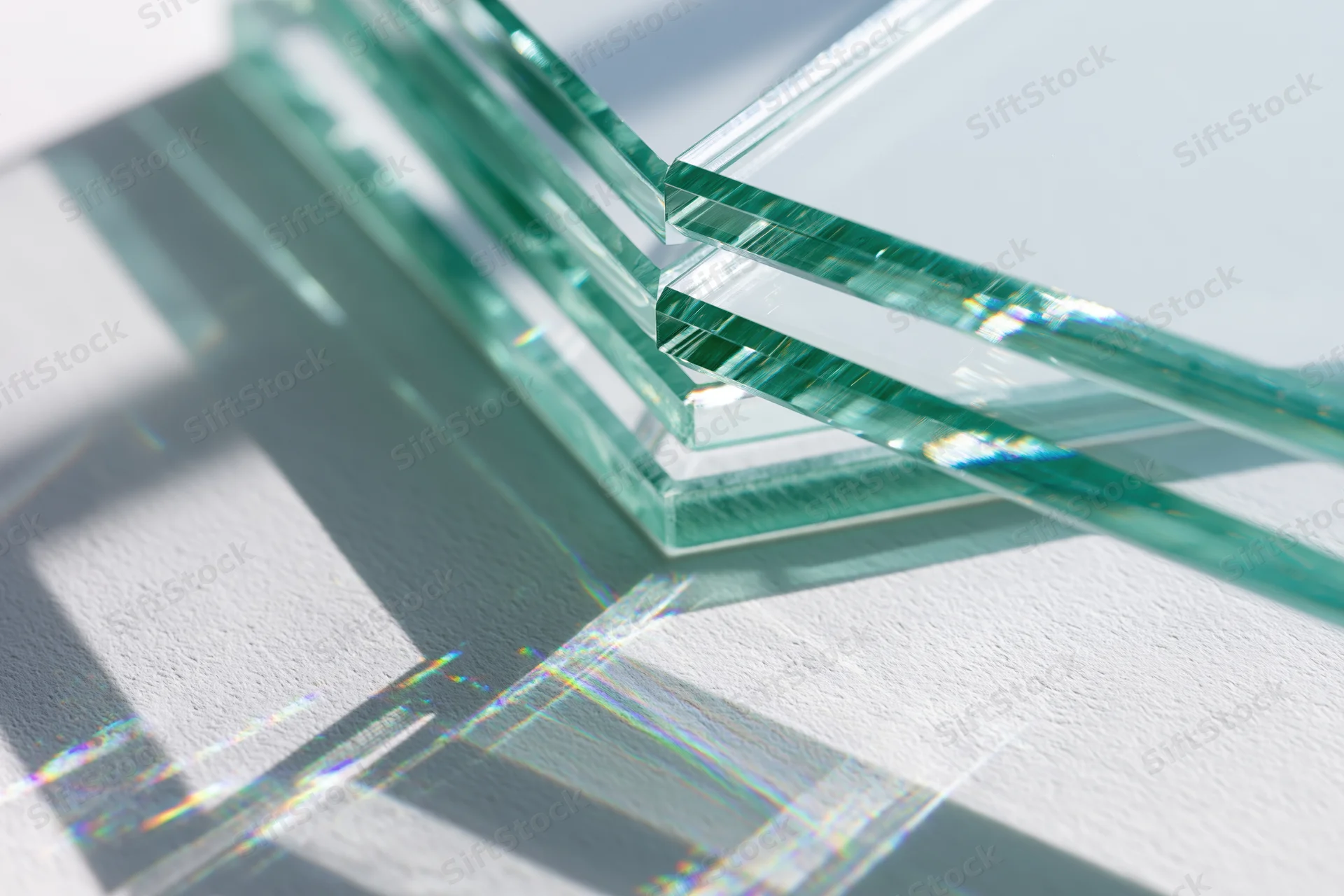 Stacked sheets of clear float glass casting prismatic light patterns on a white surface