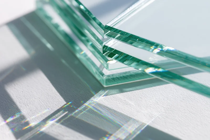 Stacked sheets of clear float glass casting prismatic light patterns on a white surface