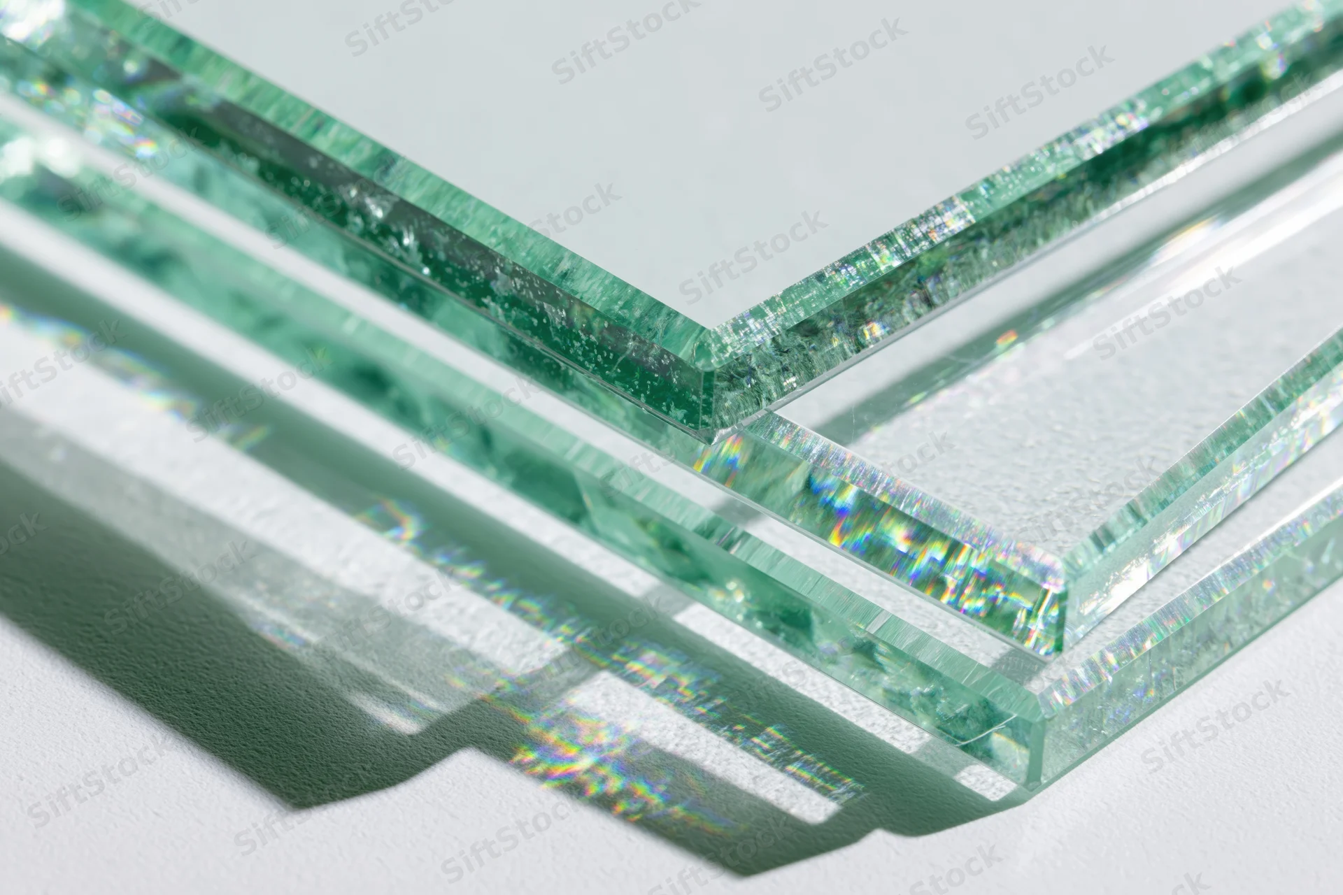 Stacked sheets of clear float glass standing upright on a white surface