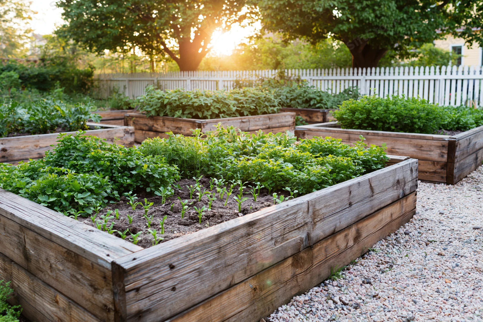 Wooden raised garden beds filled with leafy herbs and vegetables in a backyard at sunset