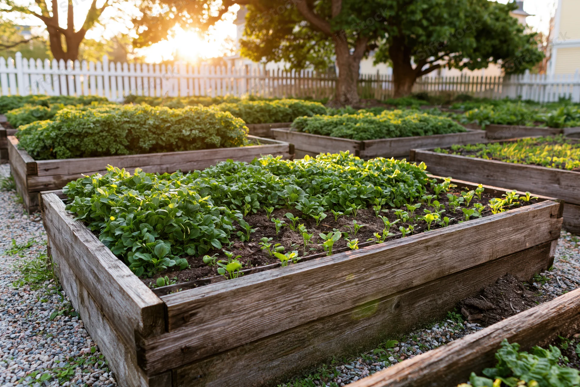 Wooden raised garden beds filled with leafy green herbs in a backyard garden at sunset