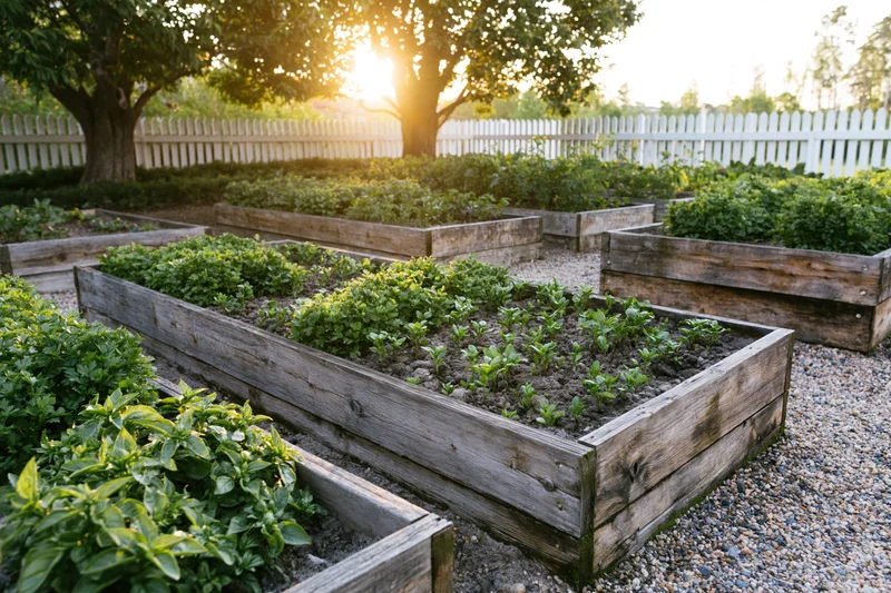Wooden raised garden beds filled with leafy herbs in a backyard garden at sunset