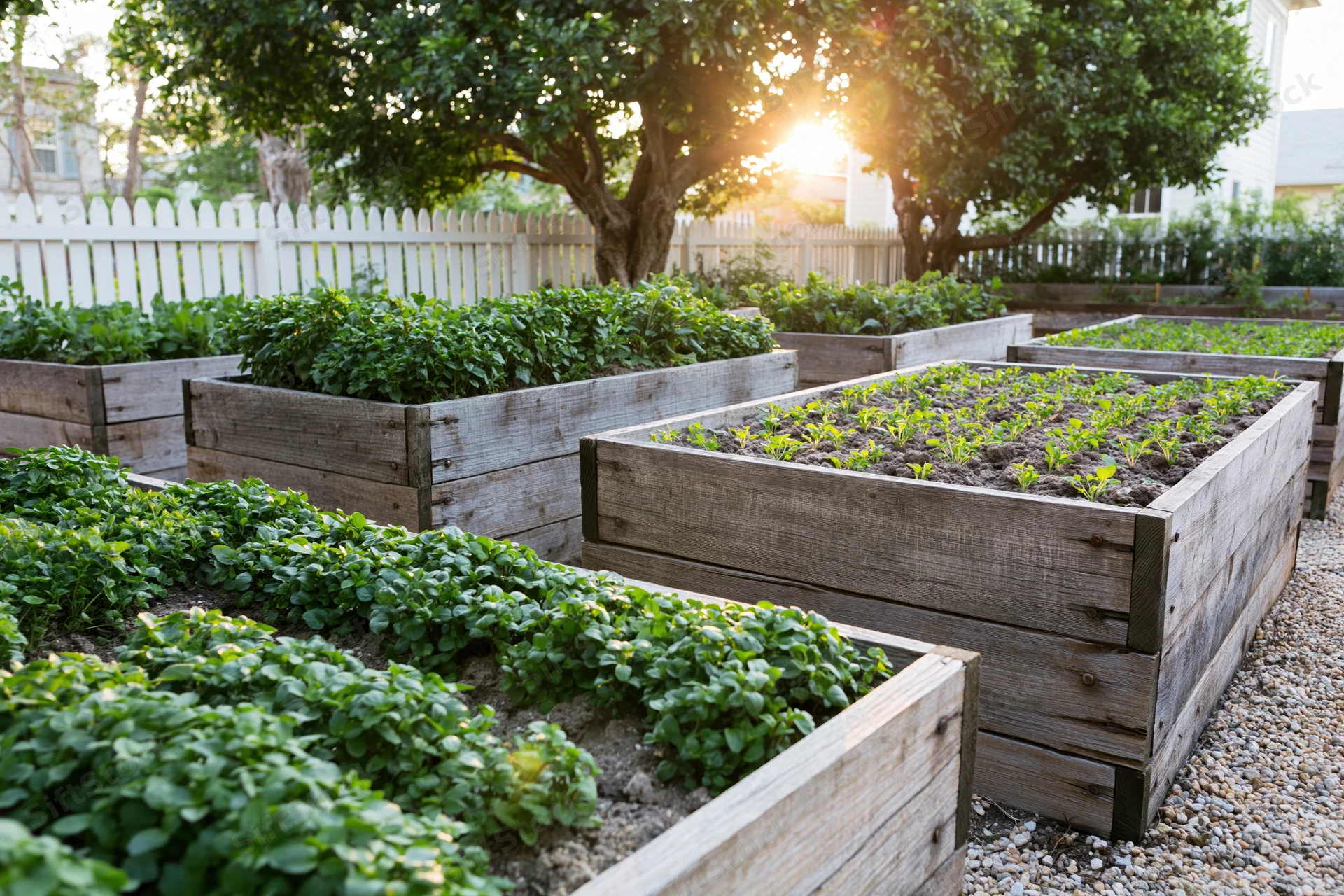 Wooden raised garden beds filled with leafy herbs and seedlings in a backyard garden at sunset