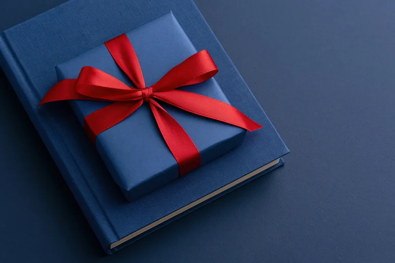Blue gift box with red satin ribbon bow resting on a navy book on dark blue surface