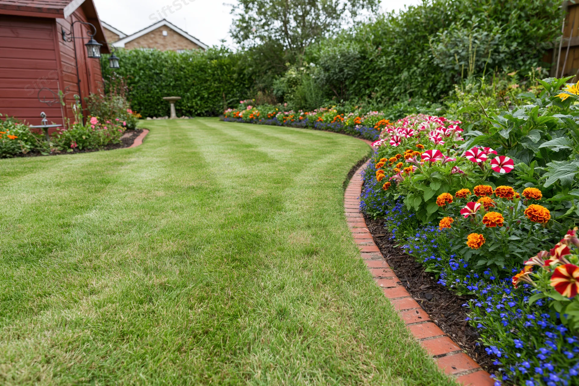Neatly mowed striped lawn bordered by colorful flowerbeds and brick edging in a residential backyard garden