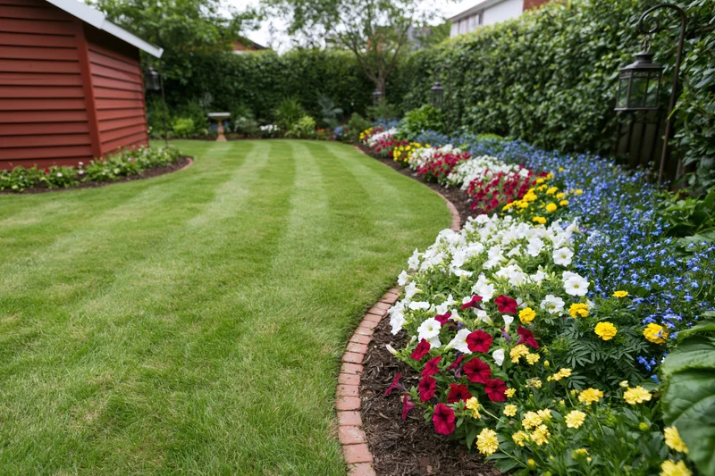 Neatly mowed striped lawn bordered by colorful flowerbeds in a residential backyard garden