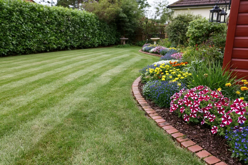Neatly mowed striped lawn bordered by colorful flowerbeds in a residential backyard garden