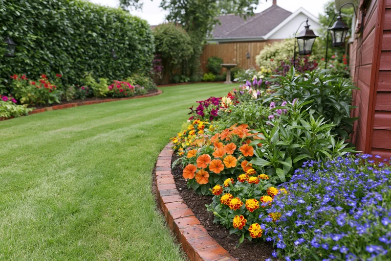 Neatly mowed striped lawn bordered by colorful flowerbeds and green hedge in a residential backyard