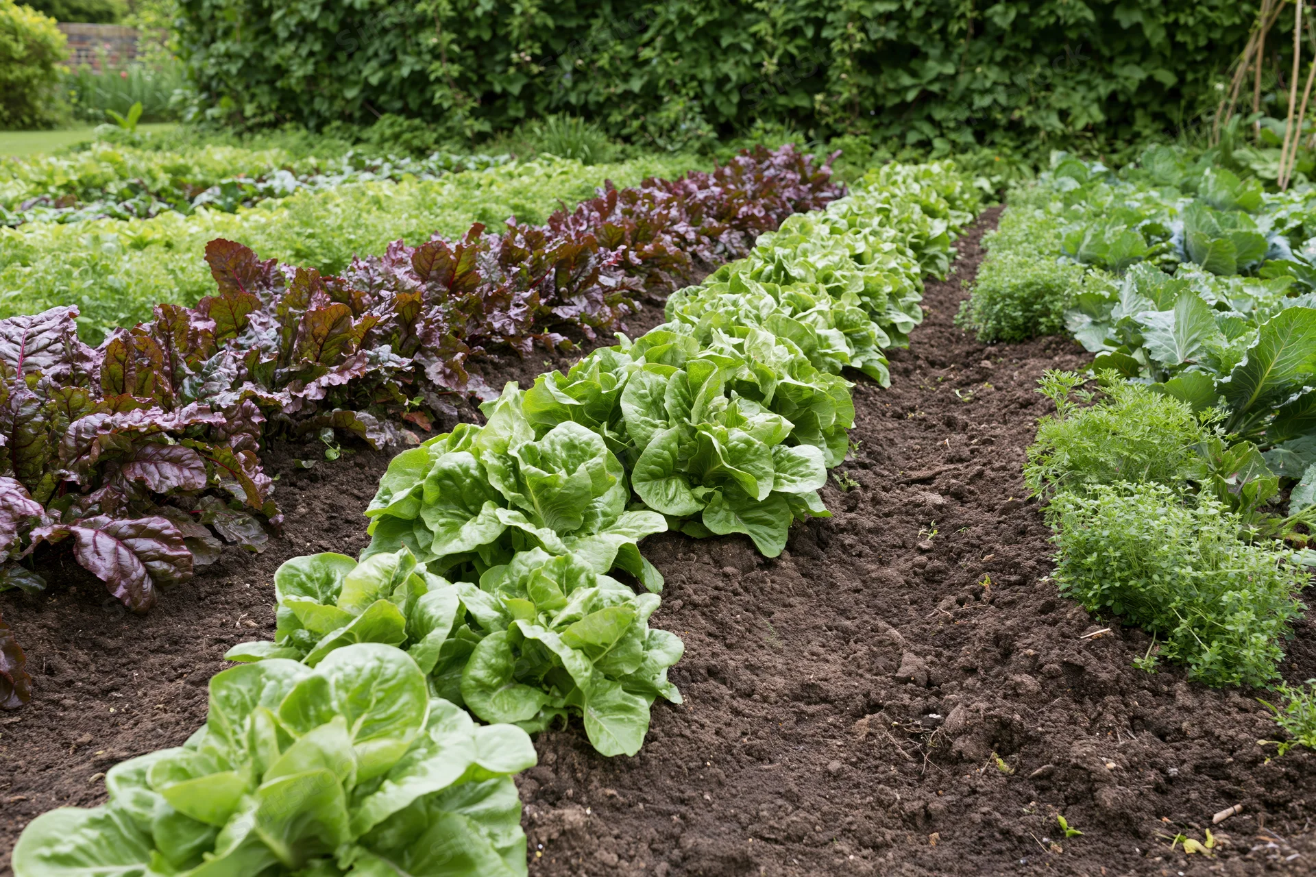 Neat rows of leafy vegetables growing in a kitchen garden bed