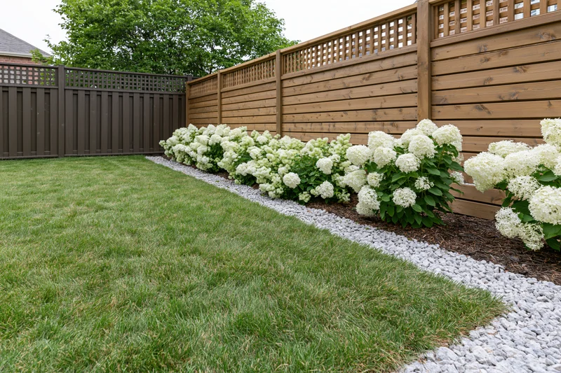 White hydrangea shrubs lining a wooden fence in a suburban backyard with a mowed lawn and gravel border