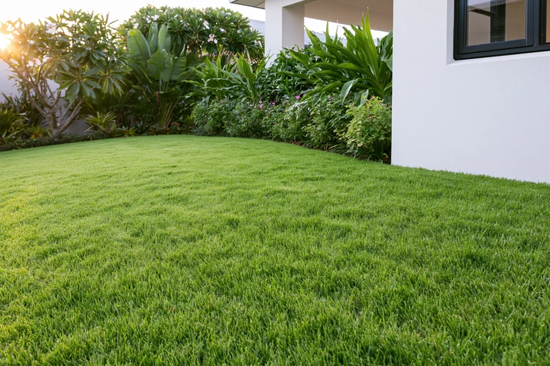 Neatly trimmed green lawn in front of a modern white house with tropical plants and a patio