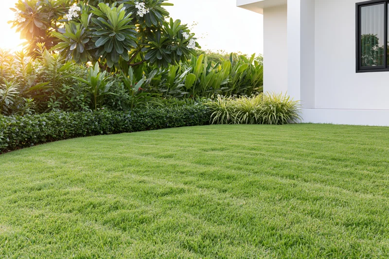 Neatly trimmed green lawn in front of a modern house with shrubs and trees