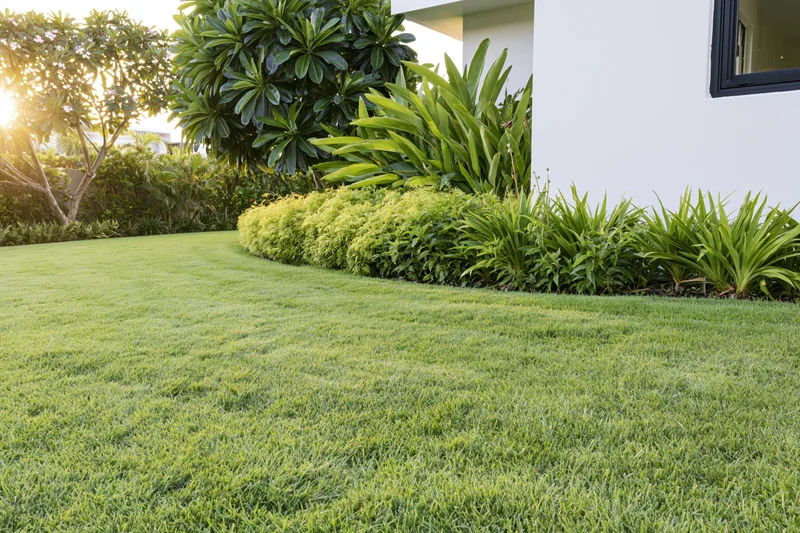 Neatly trimmed green lawn in front of a modern white house with shrubs and trees