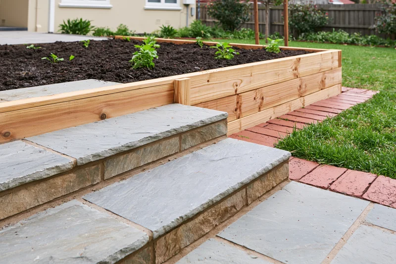 Raised garden bed made of pine wood with stone steps and brick pathway in a backyard garden