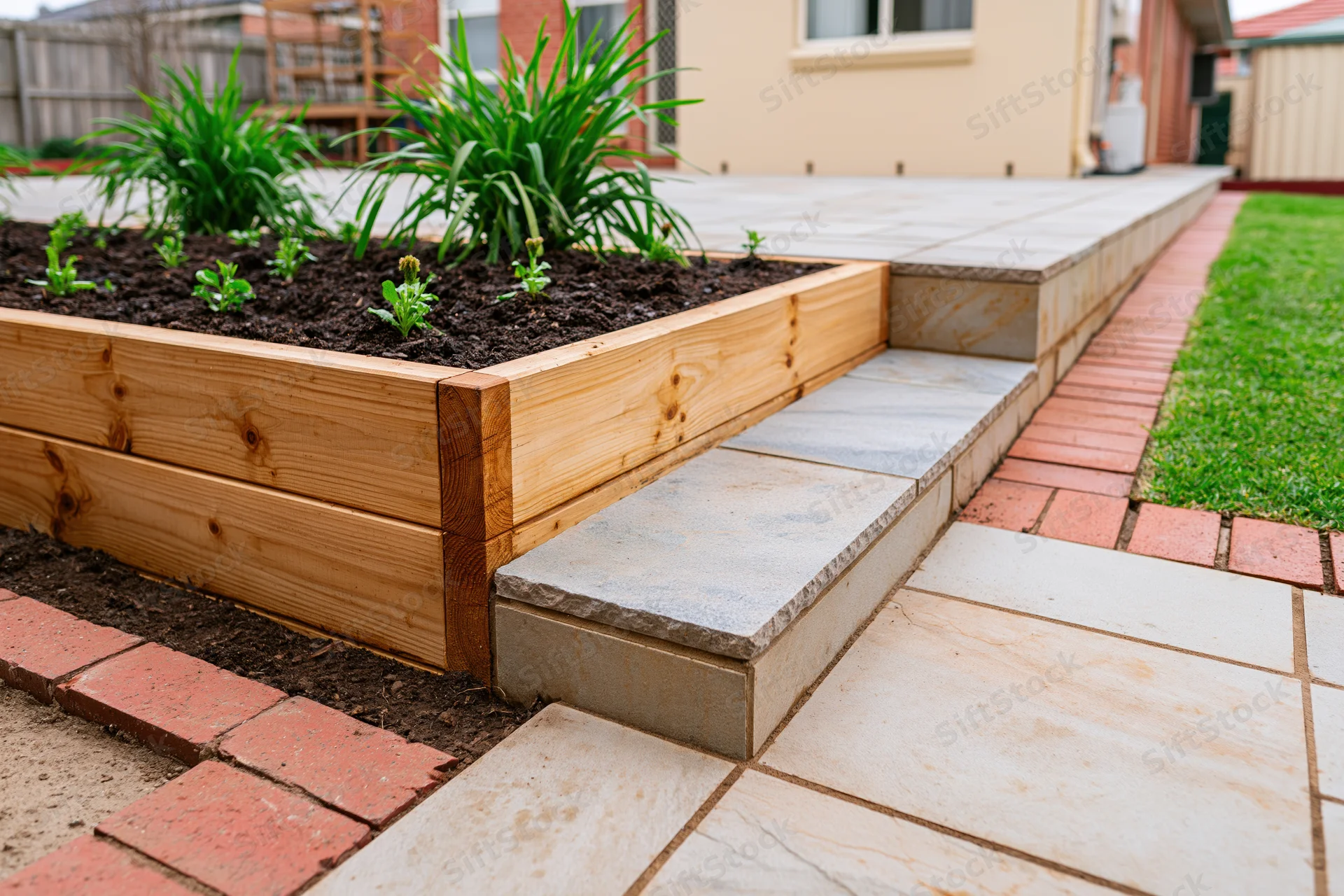 Raised garden bed made from pine railway slats beside stone steps and brick pathway in a suburban backyard