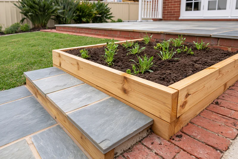 Raised garden bed with young plants built from pine wood beside slate steps in a backyard