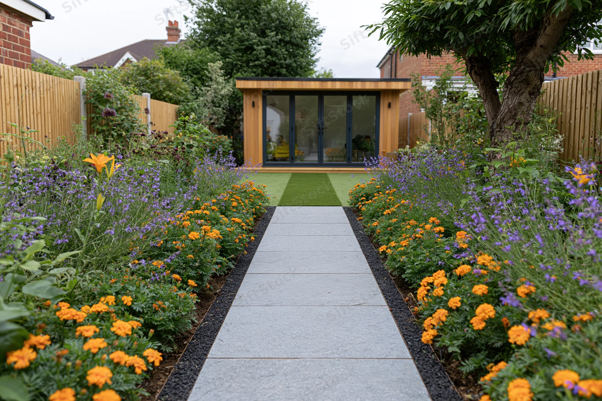 Straight stone pathway lined with orange and purple flowers leading to a modern garden room in a suburban backyard