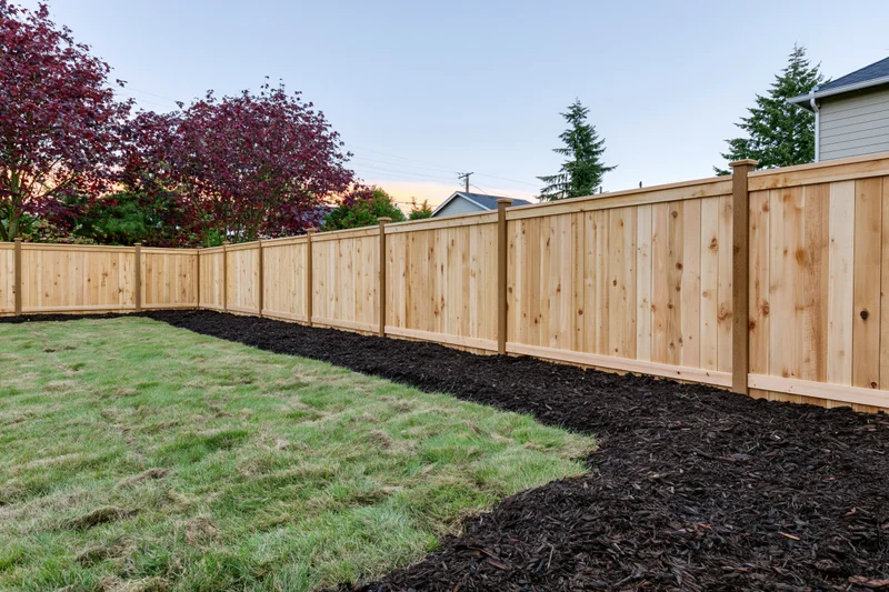 Wooden fence lining a newly landscaped suburban backyard with fresh sod lawn and mulched border
