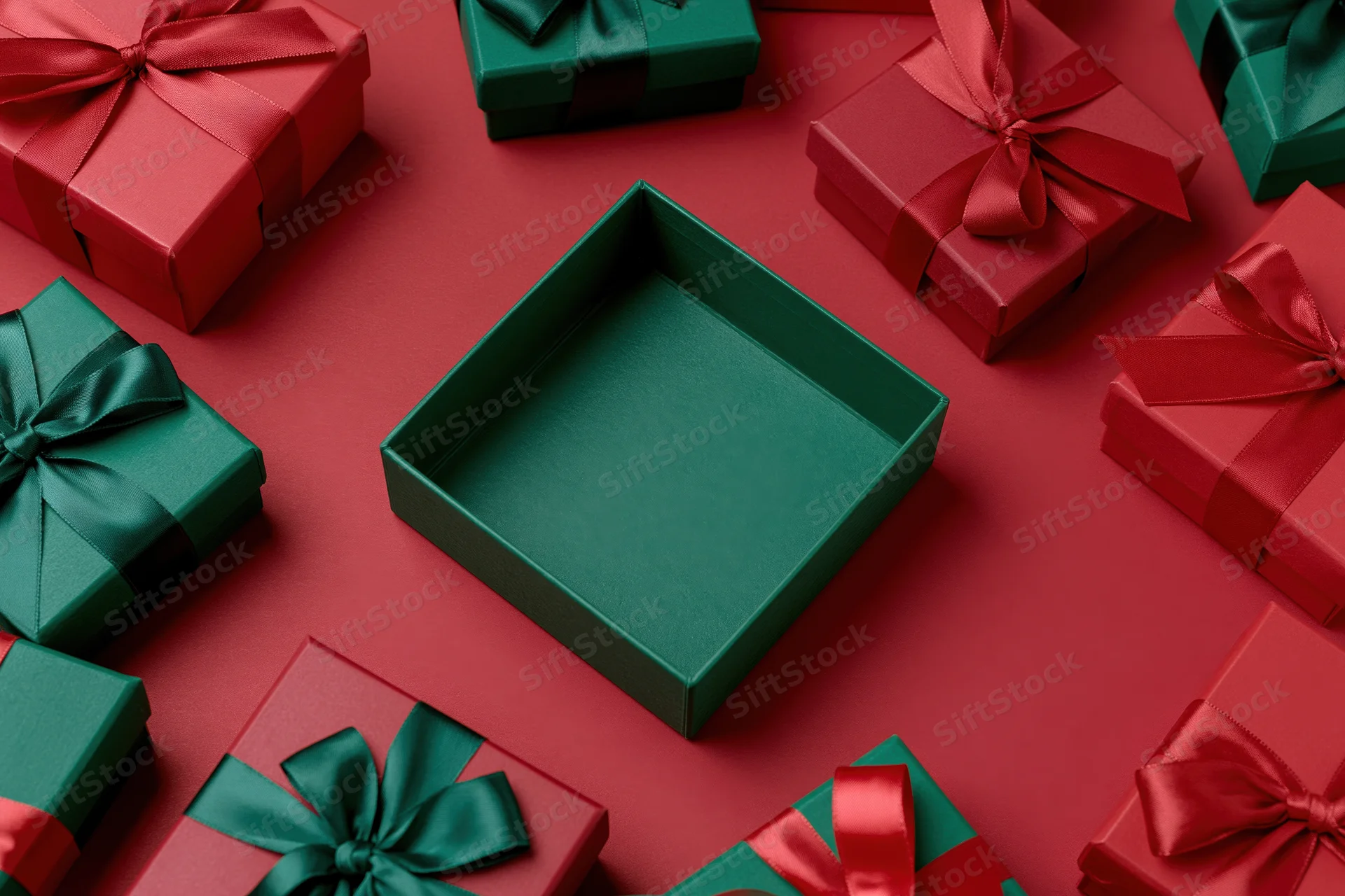 Open empty green gift box surrounded by closed red and green gift boxes on red surface
