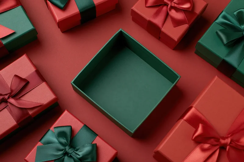 Open empty green gift box surrounded by closed red and green gift boxes on red surface