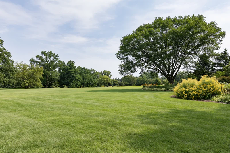 Open green lawn stretching toward a tree line under a partly cloudy sky
