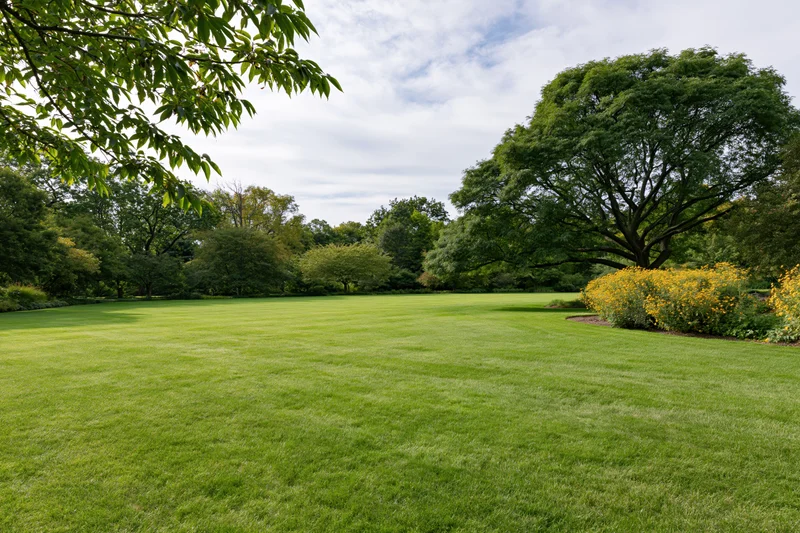 Open green lawn stretching toward a tree line with yellow flowering shrubs under a partly cloudy sky