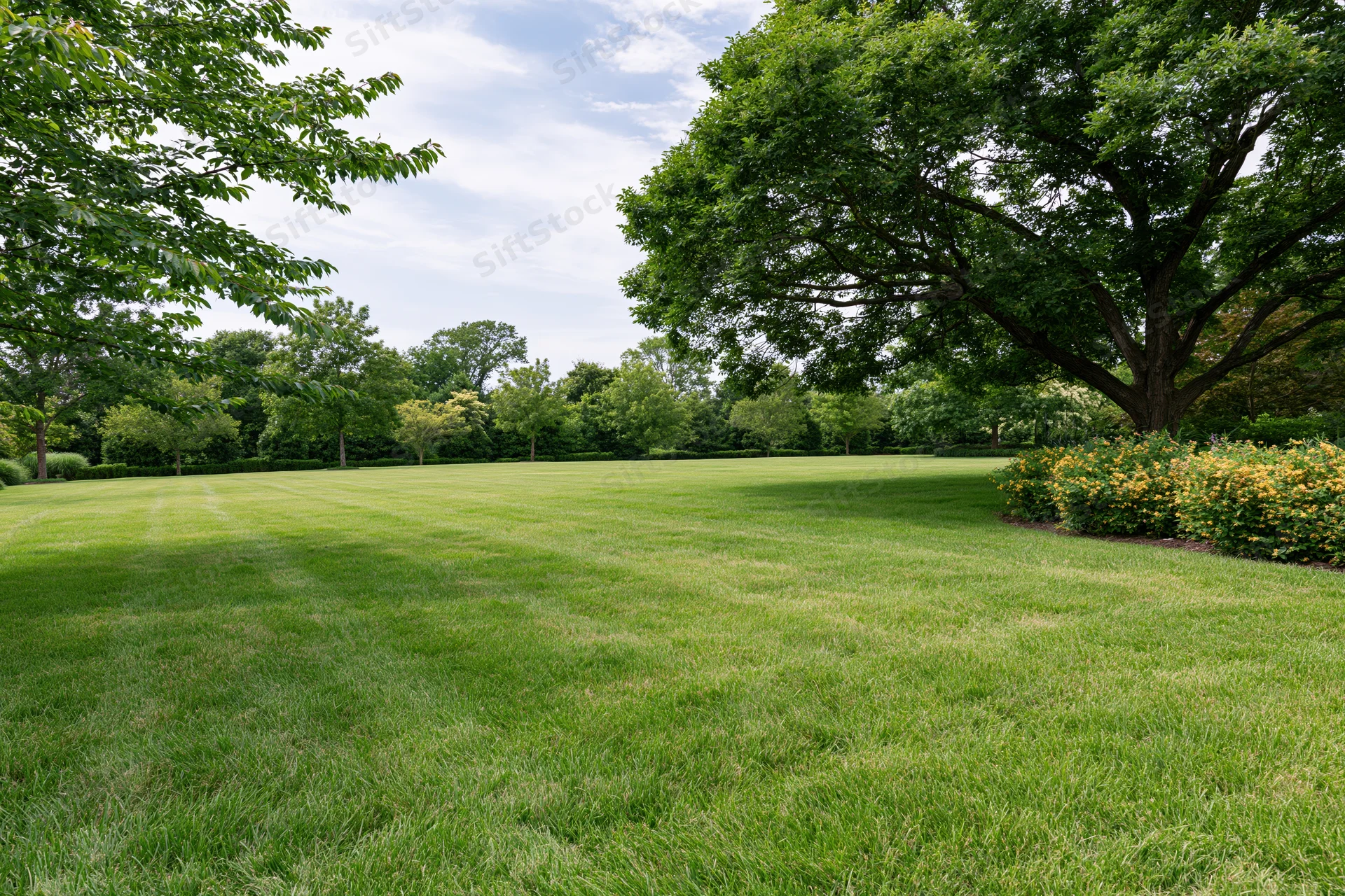 Open green lawn stretching toward a tree line with shrubs and dappled sunlight