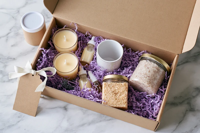 Open kraft gift box filled with candles, bath salts, body scrub and essential oils on purple shredded paper on marble surface