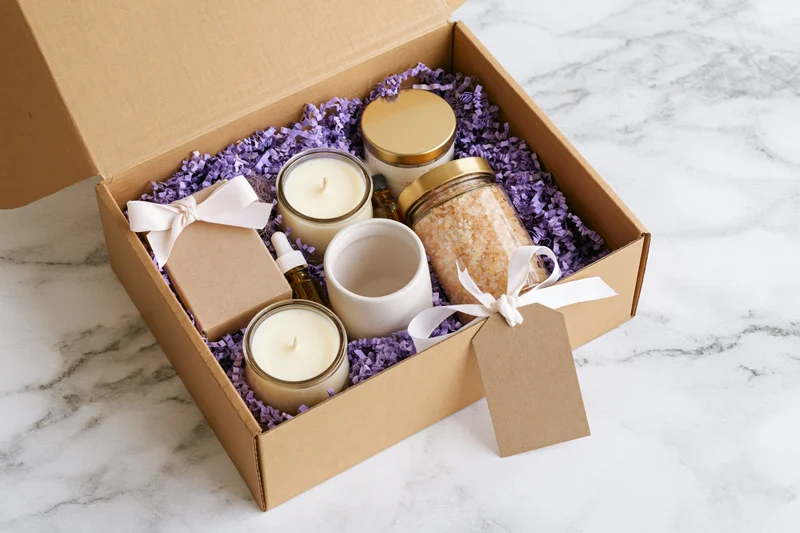 Open kraft gift box with candles, bath salts, and essential oil on marble surface