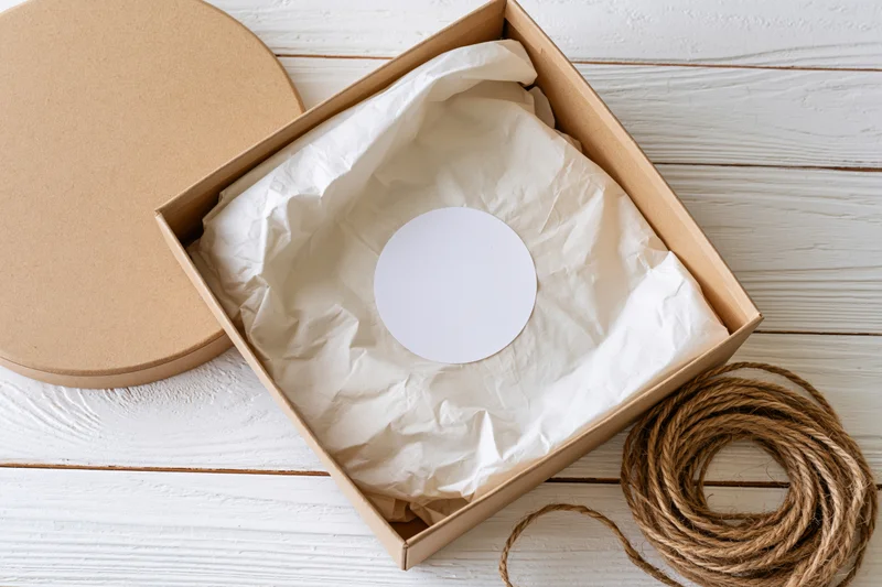 Open kraft cardboard gift box with tissue paper and blank circular label inside, viewed from above on white wooden surface