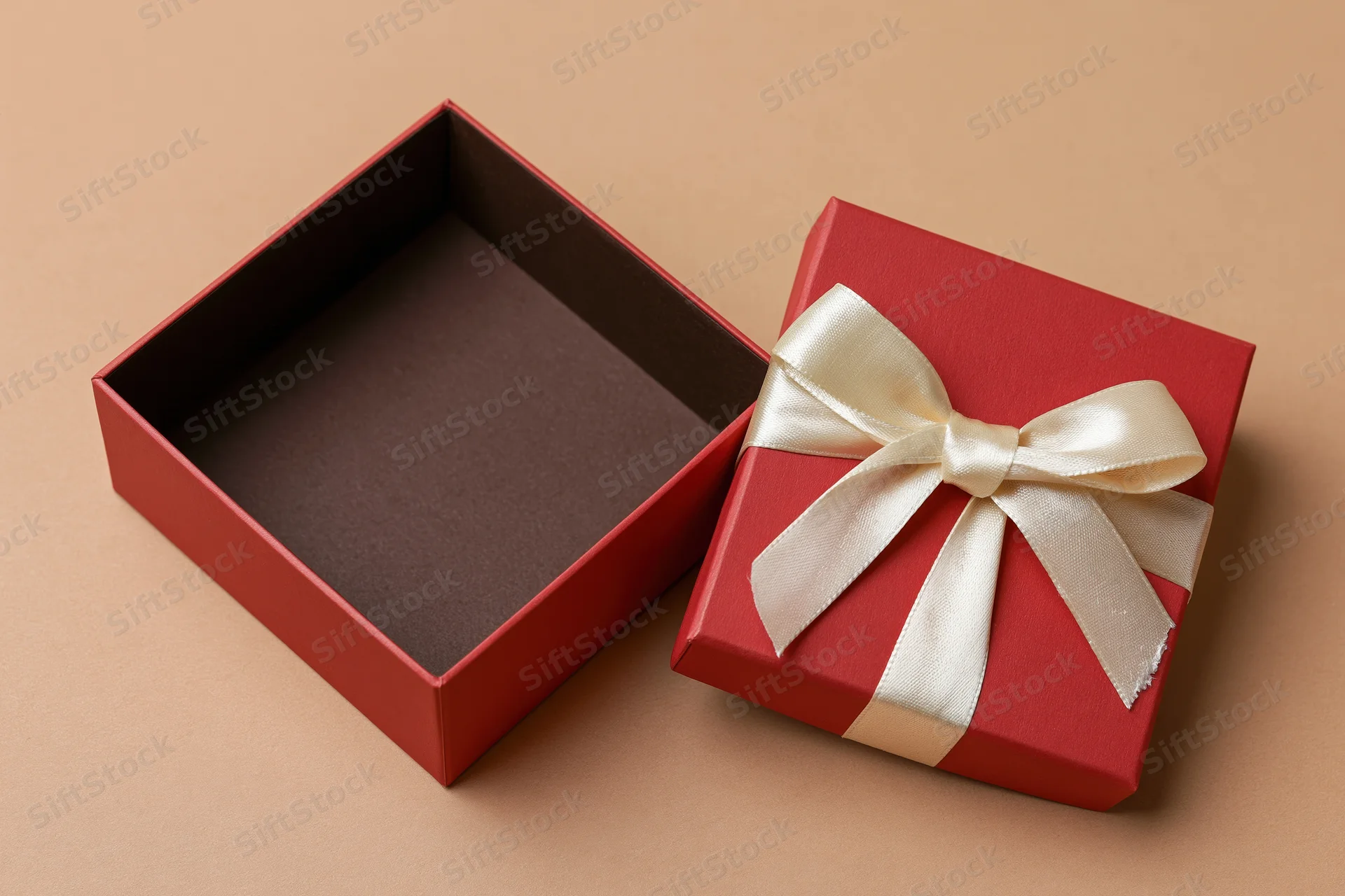 Open red gift box with cream ribbon bow beside its lid on beige surface