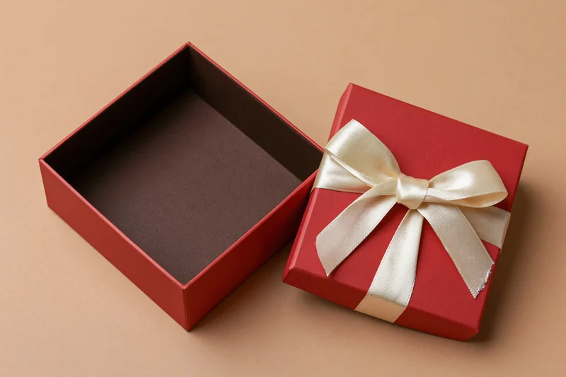 Open red gift box with cream ribbon bow beside its lid on beige surface