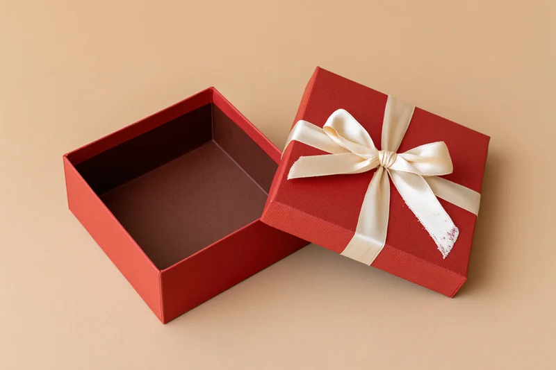 Open red gift box with cream ribbon bow beside its lid on beige surface