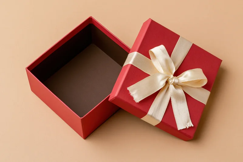 Open red gift box with cream ribbon bow beside its lid on beige surface