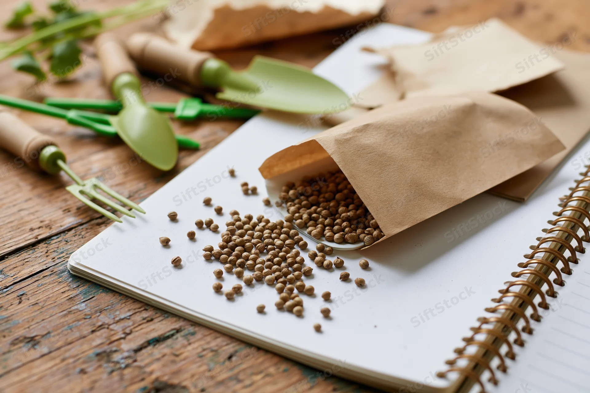 Open paper packet spilling coriander seeds onto a spiral notebook on a wooden table with gardening tools nearby